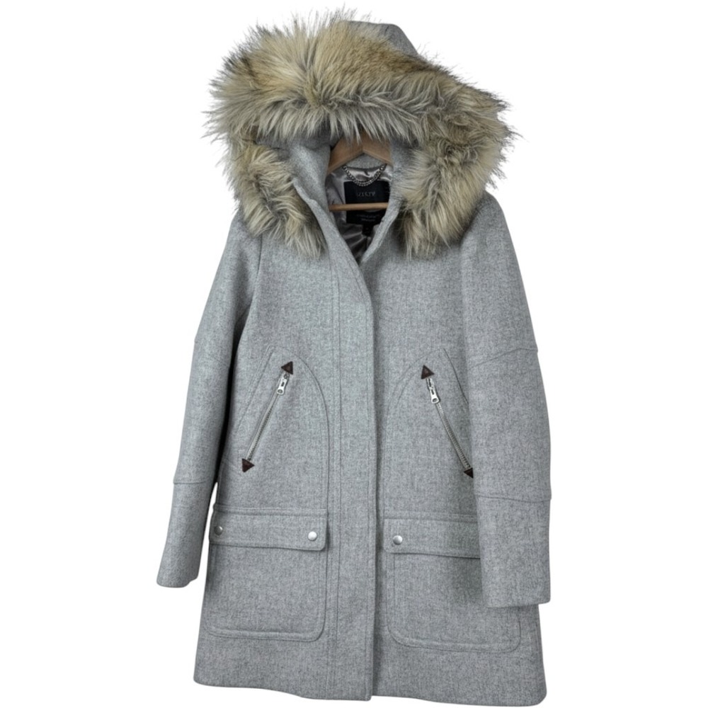 J.CREW Stadium Cloth Wool Faux Fur Hooded Parka Size 0 Grey Winter Coat Warm